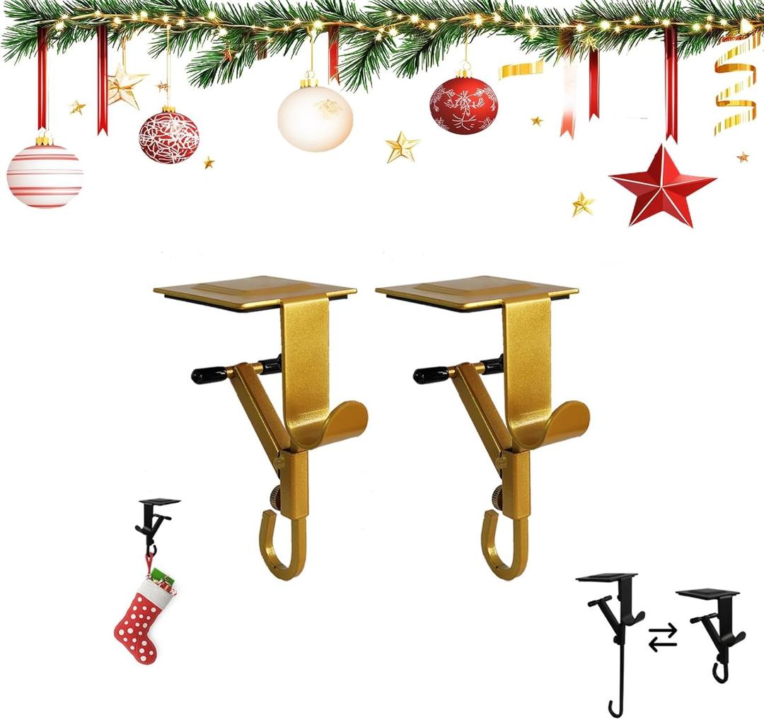 2-in-1 Fireplace Wreath Hanger for Wreaths, Adjustable Heavy-Duty Hooks, No Drilling Required, Fireplace Shelf and Christmas Stocking Hanger (Gold*2)