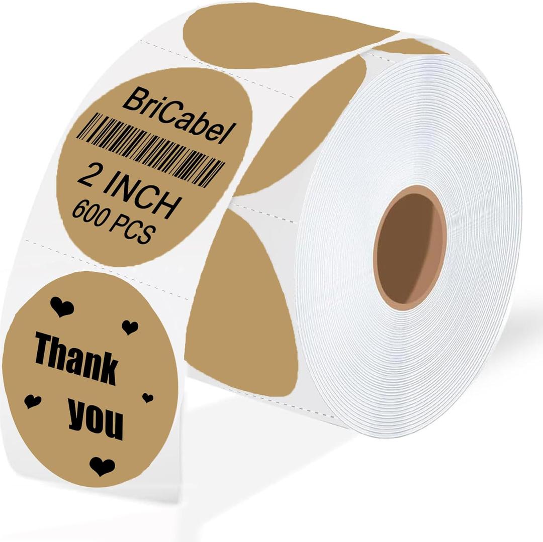 2 Inch Brown Round Thermal Labels,600 Labels/Roll, Self-Adhesive Circle Inventory Stickers, Multi-Purpose Round Roll Thermal Printing Stickers for Business and Domestic Use