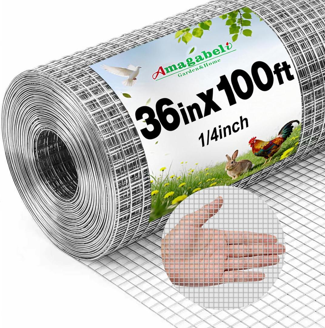 Amagabeli Galvanized Hardware Cloth 1/4inch 36inch x 100ft 23 Gauge Chicken Wire Fencing Welded Wire Metal Roll for Rabbit Cage Snake Fence Gopher Poultry Garden Netting Raised Bed Window Screen