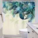 Riyidecor Teal Peacock Turquoise Feather Shower Curtain for Bathroom Decor 72Wx72H Inch Watercolor Green Leaf Bathtub Accessories for Women Girl Vintage Floral Panel Set Fabric Waterproof 12 Pack Hook