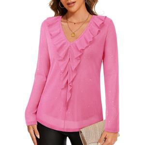 Gaharu Dressy Tops for Women Wedding Guest: Business Casual Top for Women Fall - Long Sleeve Tunic Tops to Wear with Leggings - V Neck Dressy Shirts for Work Office Wear Sparkly Pink L (Pink, L)