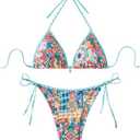 BEAUDRM Women's 2 Piece Floral Bikini Boho Halter Triangle Bikini Set Tie Back Swimsuit Bathing Suit Beachwear Swimwear, Size Large