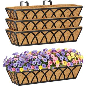 HFHOME 24 inch Railing Planter Box with Coco Liner, 24" Dia Window Box Trough with Coconut Coir Liners, Black Metal Hanging Flower Planter Basket for Indoor Outdoor Lawn - Set of 4, X Shape-4 PCS