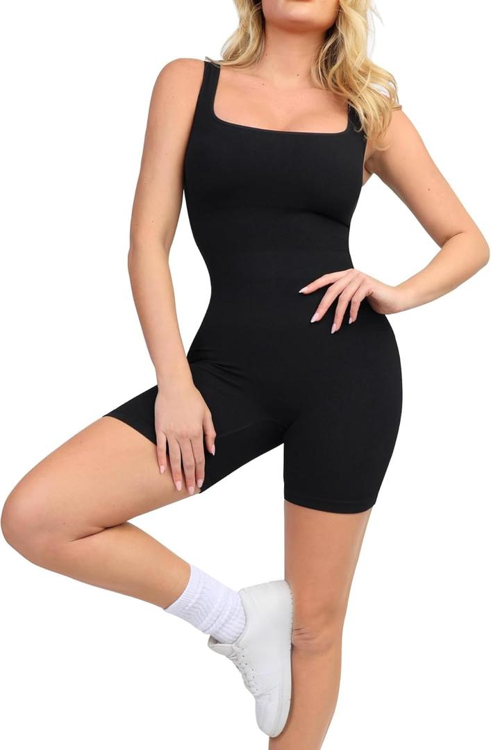 Popilush Shapewear Jumpsuits for Women Built-in Bra Square Neck Rompers Shorts Bodycon Bodysuits Summer Outfits (Medium, Black)