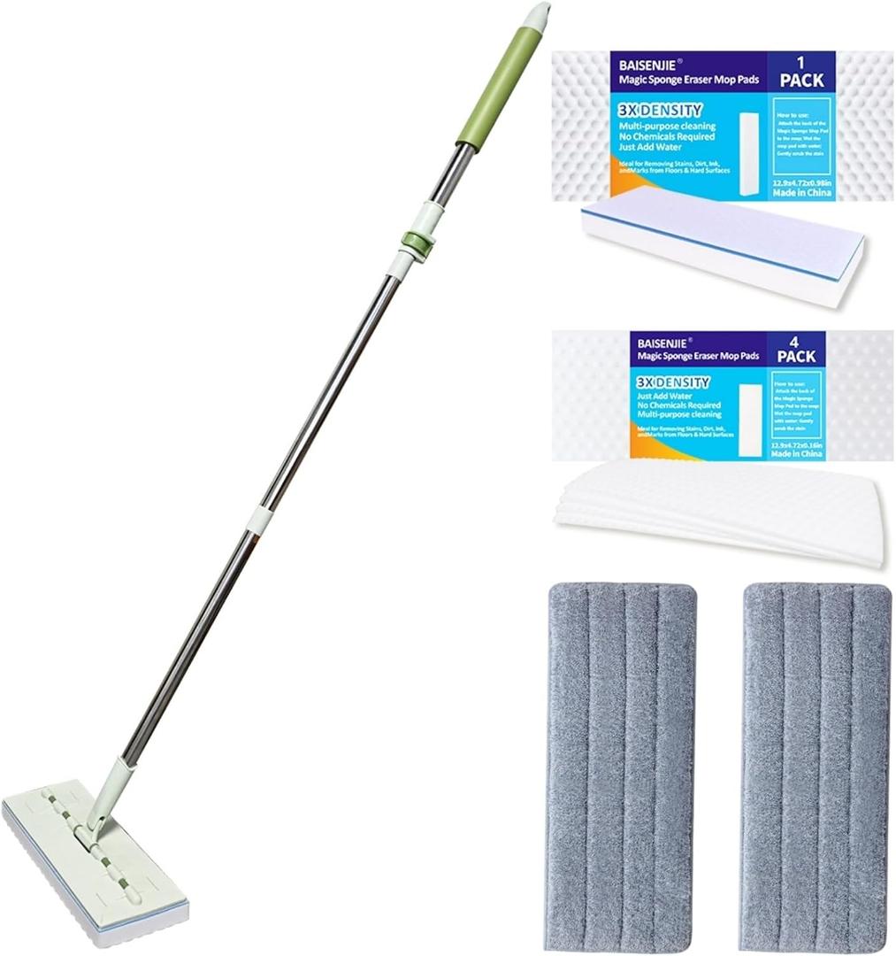 BAISENJIE Magic Sponge Eraser Mop, 60" Adjustable Mop Handle with Flexible 13" Flat Head with Microfiber Pad and Magic Sponge Eraser Pads