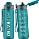 Water Bottle with Straw, 27oz Motivational Water Bottles with Time Marker to Drink, Tritan BPA Free, 750ml Sports Water Bottle with Carry Strap LeakProof for School Fitness Outdoor (1Pack) (Lakeshore Green)