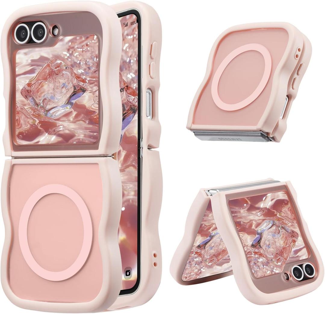 UEEBAI Magnetic for Samsung Galaxy Z Flip 5/Z Flip 6/7 FE Case, Compatible with MagSafe, Transparent Clear Wave Frame Design Soft Edge Cover Matte Shockproof Phone Case- Pink