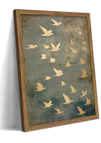 Framed Flock of Birds Canvas Wall Art, Vintage Minimalist Abstract Landscape Painting, Neutral Gold Birds Spiritual Wall Decor, Modern Aesthetic Pictures for Bedroom Living Room 8x10 inch
