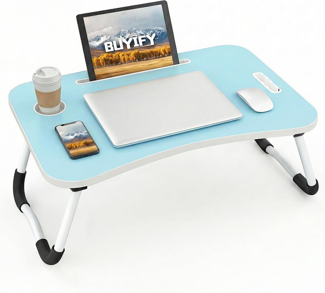 BUYIFY Folding Lap Desk, 23 Inch Portable Wood Blue Laptop Bed Desk Lap Desk with Cup Holder, for Working Reading Writing, Eating, Watching Movies for Bed Sofa Couch Floor- new005 Blue