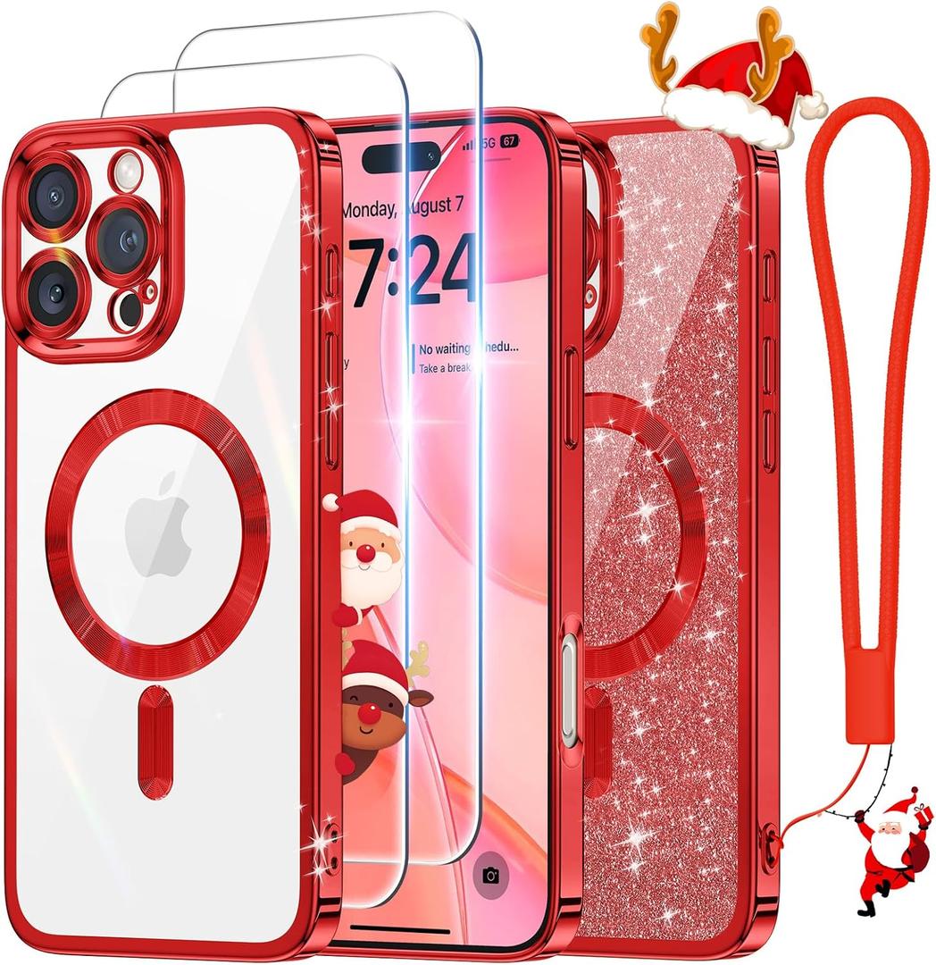 Meifigno Designed for iPhone 16 Pro Max Case Christmas Red, [Glitter Card & Wrist Strap] [Compatible with MagSafe] [2X Screen Protectors] Surround Lens Protection Designed for 16 ProMax Case 6.9"