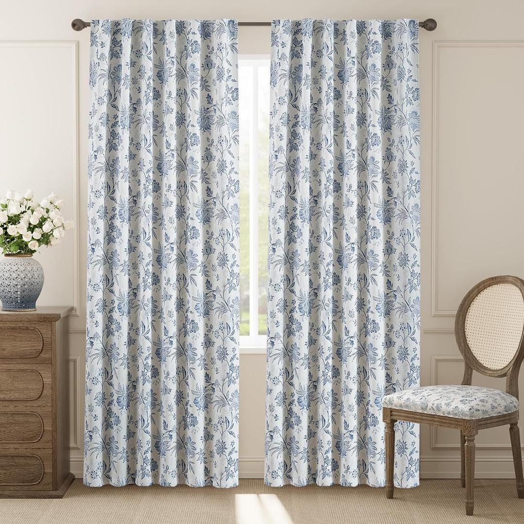jinchan Blackout Floral Curtains for Bedroom, 84 Inches Long Printed Flower Black Out Curtains, French Country Back Tab Blue Window Treatment Farmhouse Drapes Set 2 Panels Blue (*Jacobean Blue on Off White)