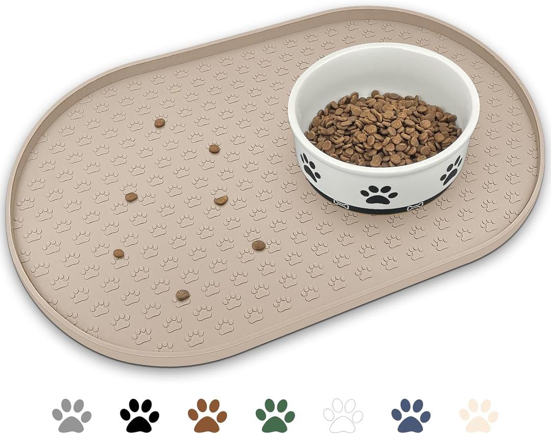 KPWACD Dog Food Mat Anti-Slip Bowl Mats for Food and Water, High-Lips Waterproof Pet Placemat Prevent Messy Spills to Floor, Silicone Puppy Feeding Trays for Large Medium Small Dogs Cats (Many Paw - 18"x12", Taupe)