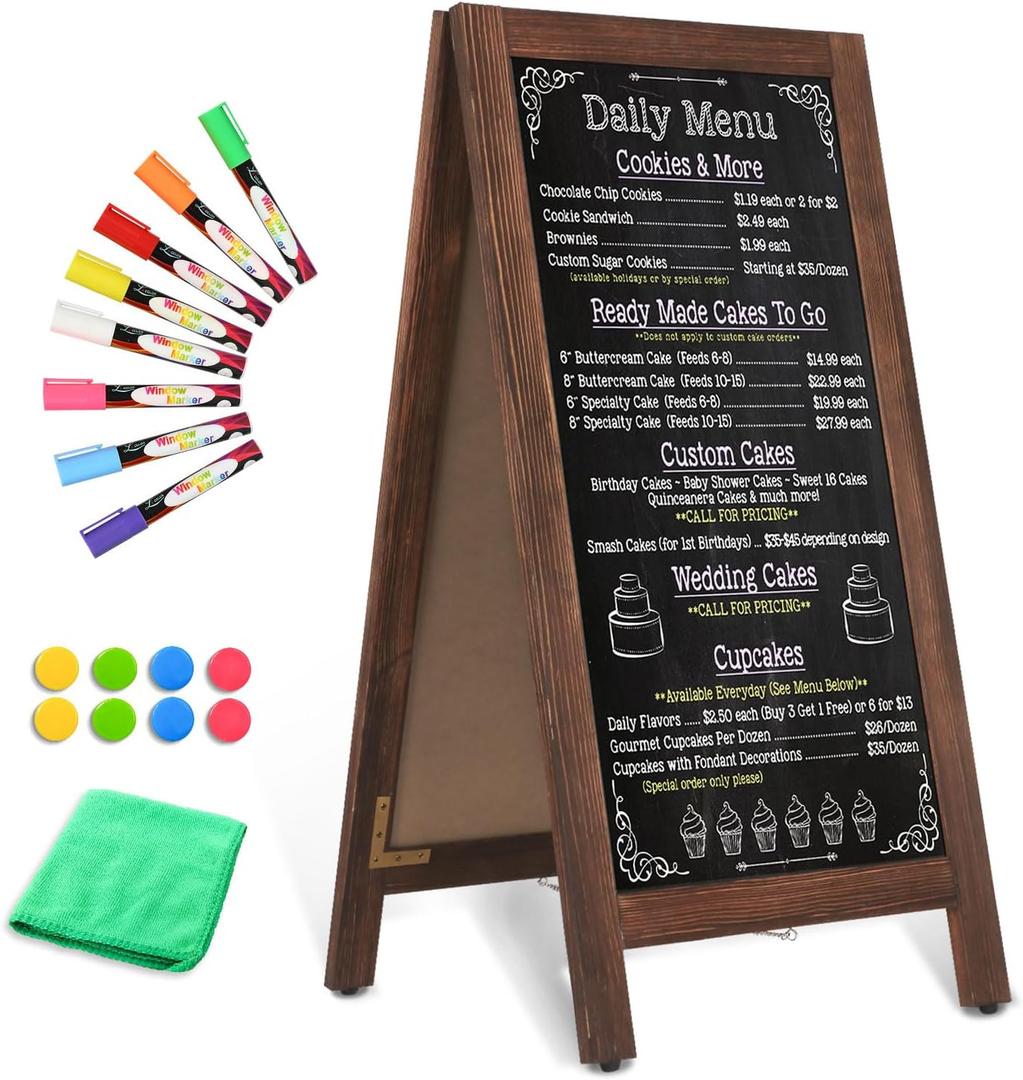 Wooden A-Frame Sign, Magnetic 40" x 20" Brown Chalk Board Sign Board, Double-Sided Sandwich Board Signs Outdoor, Chalkboard Easel, Menu Board for Restaurant, Business or Wedding