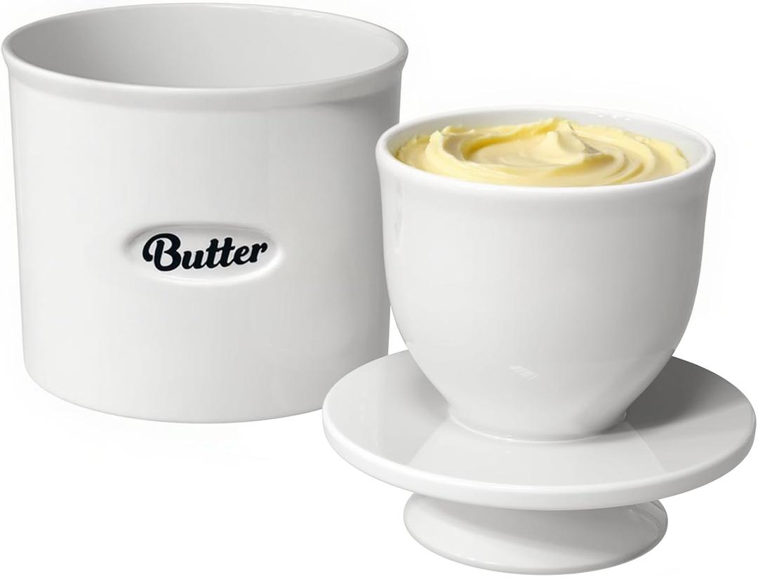 French Ceramic Butter Crock with Lid - 8.45oz Holds 2 Sticks, Inverted Water-Seal Keeper for Fresh, Spreadable Butter Christmas Gift (Extra Large, White)
