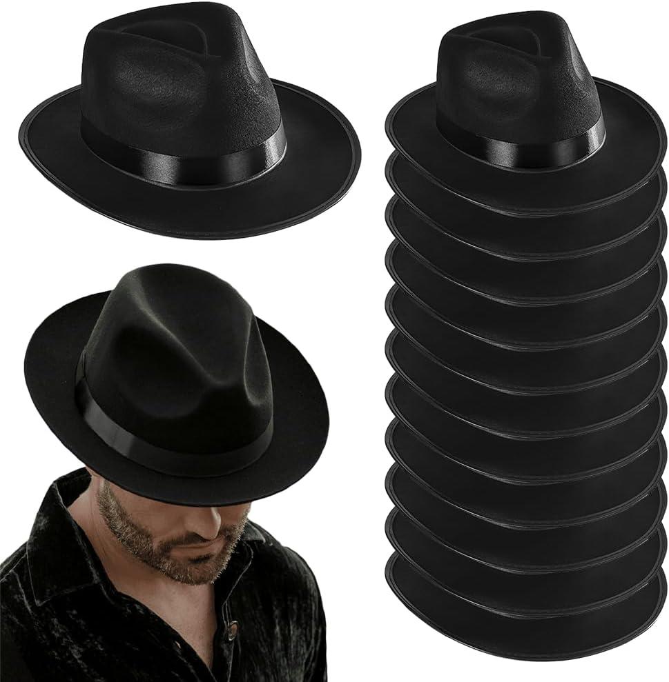 Funny Party Hats Black Fedora Gangster Hat Costume Accessory - Pack of 12
