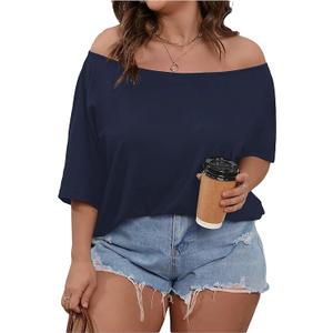 RoseSeek Women's Plus Size Off Shoulder Tops Short Sleeve Ruched T Shirt Casual Summer Tees Deep Blue 3XLarge Plus