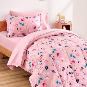 SLEEP ZONE Kids Bedding Comforter Set Full/Queen Size - Super Cute & Soft Kids Bedding 7 Pieces Set with Comforter, Sheet, Pillowcase & Sham (Pink Flower) (Full/Queen (7-Piece Set))