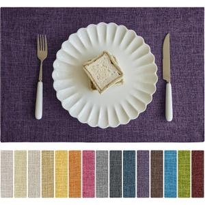 Softalker Faux Linen Placemats Set of 4-12 x 18 Inch, Heat Resistant Double Layered Durable Burlap Farmhouse Place Mats, Non-Slip Washable Rustic Table Mats for Dining, Kitchen, Party, Purple