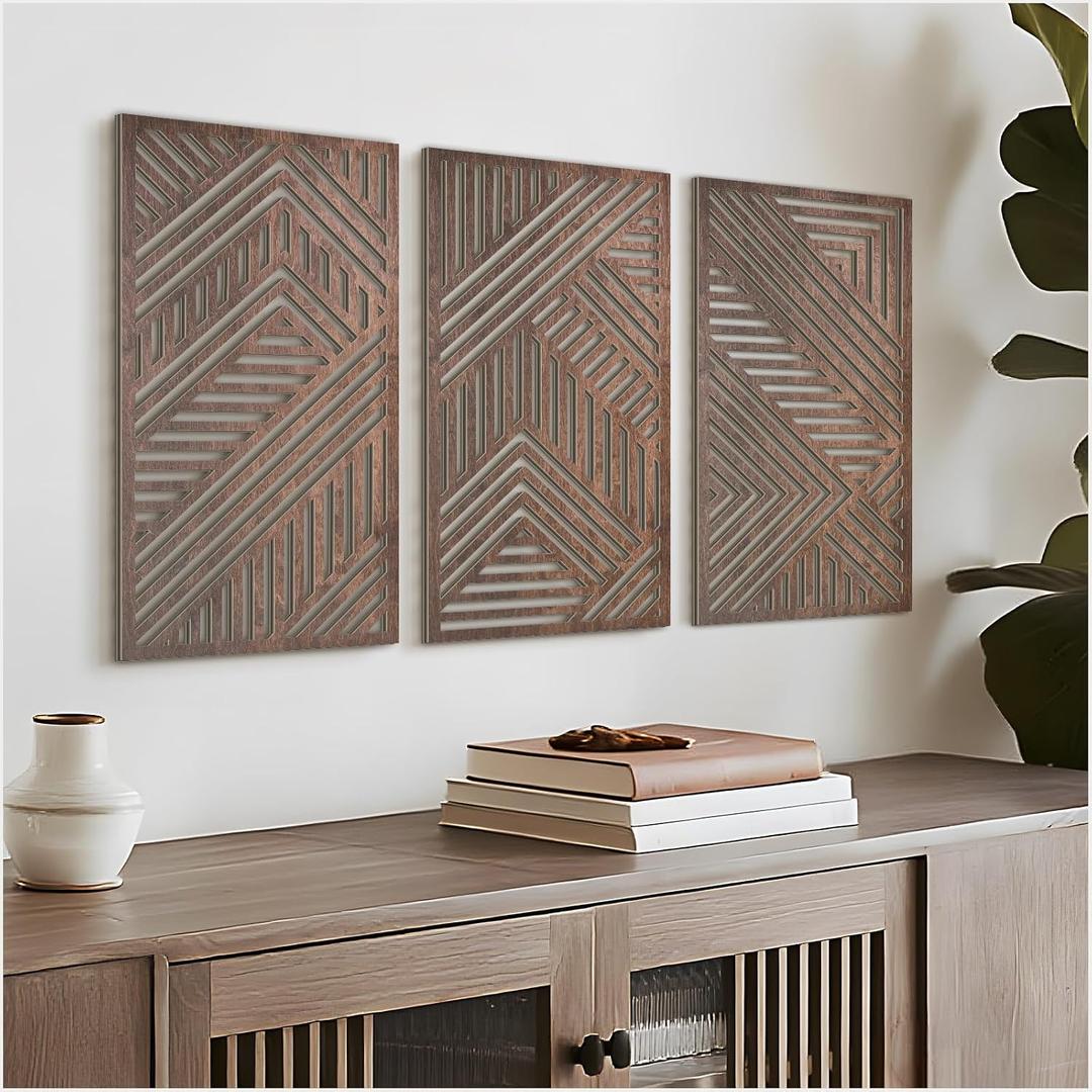 VIYYIEA Boho Solid Wood Carved Wall Art Set of 3, Geometric Minimalist Wooden Home Decor Panels, Handcrafted Solid Wood Wall Hanging for Living Room Bedroom Hallway, 16 x 8 Inch Each (Sunset Brown)
