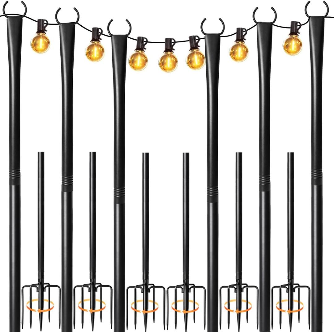 6 Pack String Light Poles for Outside, Heavy-Duty Metal Poles for Outdoor String Lights with Fork, Adjustable Lighting Hanging Accessories for Patio Decor Pergola Backyard Garden Outside Decorations