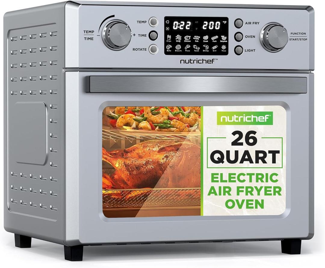 NutriChef 26L Electric Air Fryer Oven | 1700W Countertop Rotisserie & Air Fryer | 360 Rotating Feature | 10 Digital Menu Presets | Includes Drip Tray, Air Frying Basket & Bake Rack 15x16x14 (Silver)
