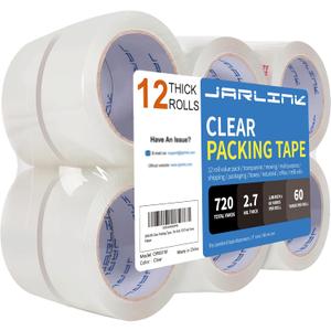 JARLINK Clear Packing Tape (12 Rolls), Heavy Duty Packaging Tape for Shipping Packaging Moving Sealing, 2.7mil Thick, 1.88 inches Wide, 60 Yards Per Roll, 720 Total Yards