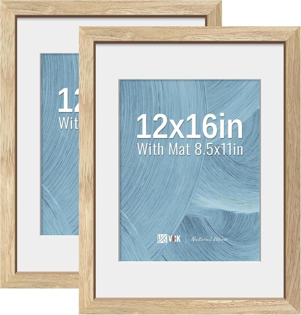 VCK 12x16 Picture Frame 2 Pack - Natural Wood Grain, High-End Wood Poster Frames with Tempered Glass, Display 8.5x11 Photo with Mat or 12x16 without Mat, Art Gallery-Quality, Wall Hanging, Natural