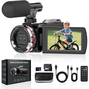 Camcorder Video Camera 4K 48MP 60FPS 21X Digital Zoom Vlogging Camera for YouTube, 3.0'' 270 Rotatable Screen Video Camera with 64 GB SD Card, HDMI Cable, External Mic, Remote Control, 2 Batteries