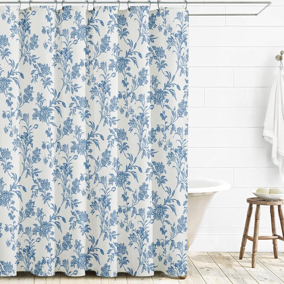 WOUVMA Long Shower Curtain Blue Floral Cotton Cottagecore Shower Curtain for Bathroom 72" W x 78" L