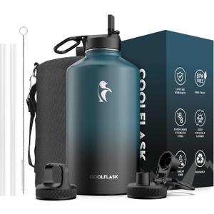 Coolflask 128 oz Gallon Water Bottle Insulated with Straw&3 Lids, Water Jug Large Stainless Steel Metal Vacuum Wide Mouth for Sports, Gym or Office, Non-BPA Keep Cold 48H Hot 24H, Samurai Cyan