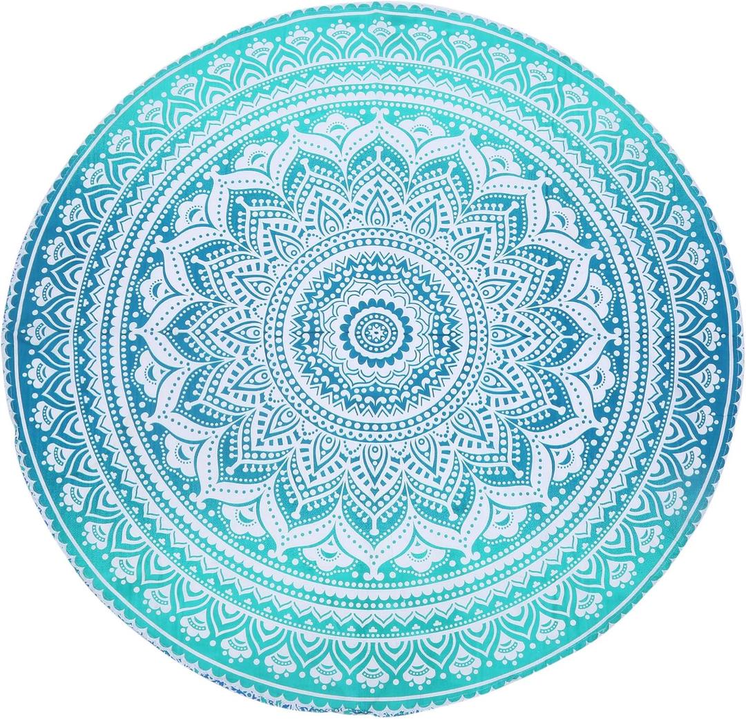 RAJRANG Small Round Tapestry for Picnic and Camping Cotton Ombre Mandala Tablecloth Yoga Mat Beach Circular Tapestries - 48 Inch - Sea Green