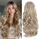 Half Wig Long Wavy highlights Wig 3/4 Full Head 24 Inches Curly Half Wigs Clips in on Synthetic Hair Extensions Hairpieces for Women Quick Weave Self Styled in 60 Seconds Half Wigs