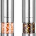 SIMPLETASTE Electric Salt and Pepper Grinder Set, Automatic One Handed, Stainless Grinders with Lights and Adjustable Coarseness, Battery Operated (Set of two, Silver)