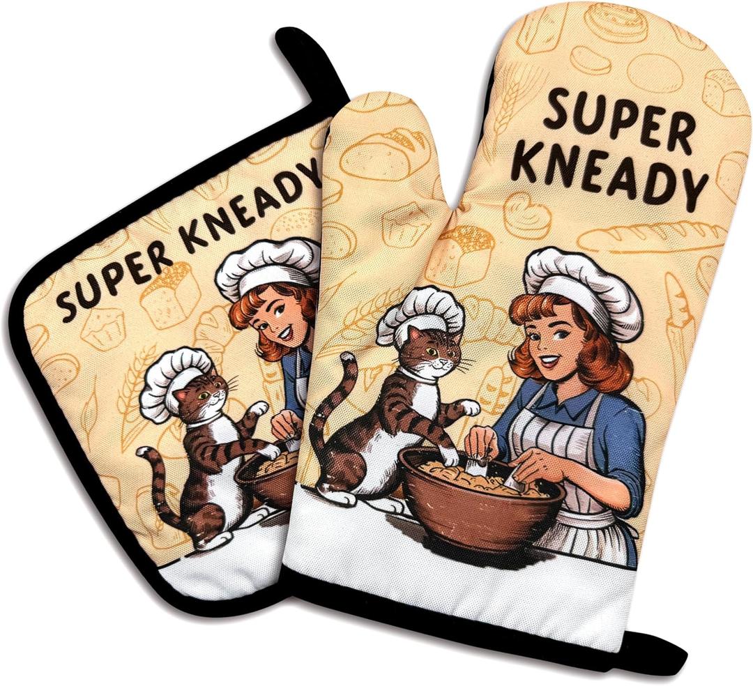 Super Kneady,Oven Mitts and Pot Holders Sets of 2Funny Oven MittSilicone Non-Slip Oven Mitts,Bake Lover Gift,Perfect for Kitchen,Cooking,Baking,Grilling