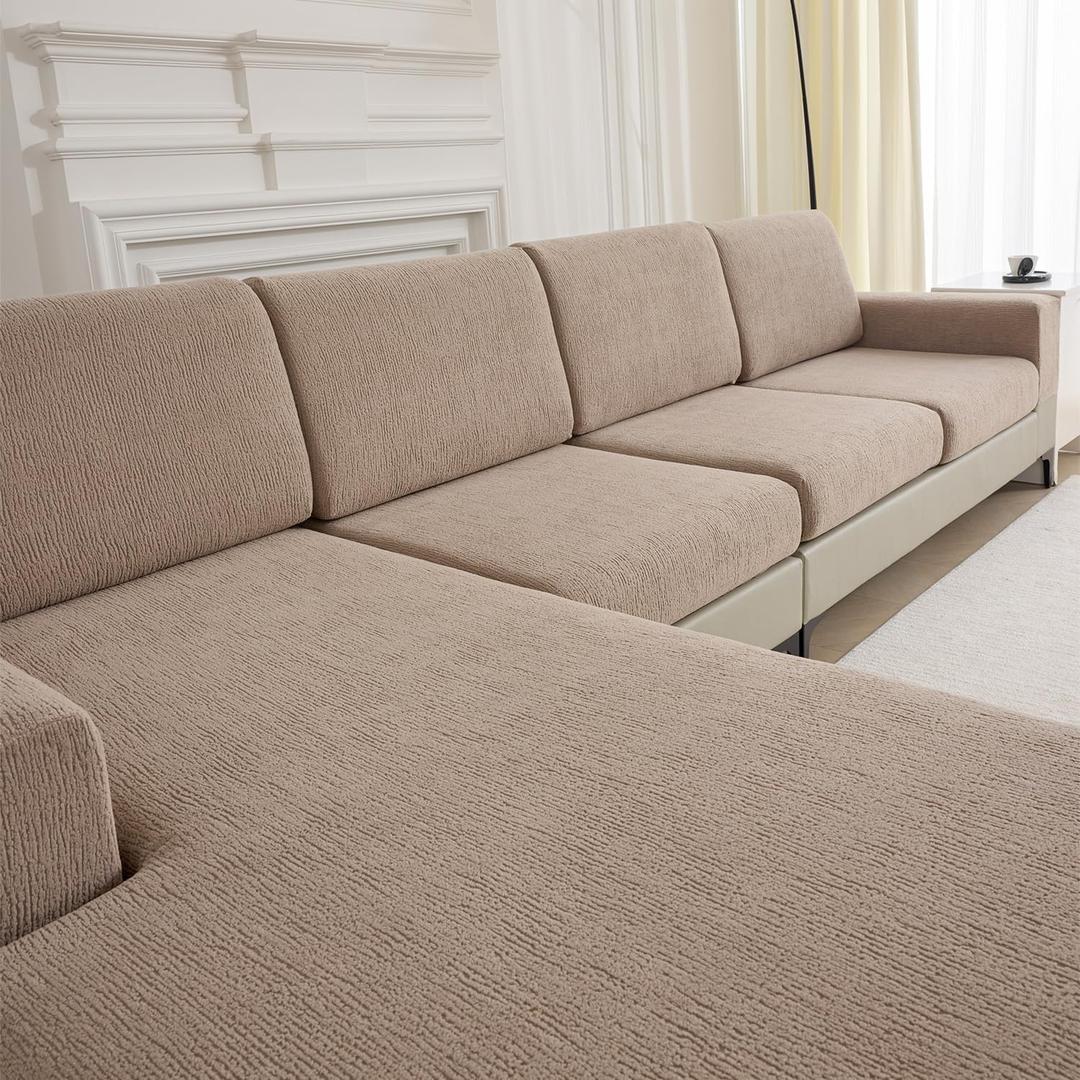 Couch Cushion Covers for Sectional Sofa Stretch Sofa Slipcovers Washable Wear-Resistant Sectional Couch Covers L Shaped Seats Furniture Protectors for Pets(Khaki, 3 Seater+1 Chaise)