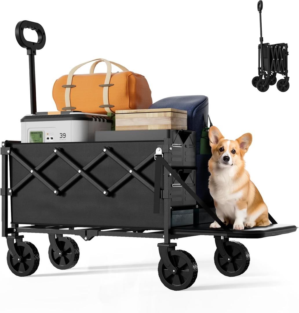 Collapsible Wagon with Tailgate, Wagons Carts Foldable with 350lbs Capacity, Lightweight Portable Utility Folding Wagon Cart for Groceries, Beach, Camping, Outdoor ActivitiesBlack