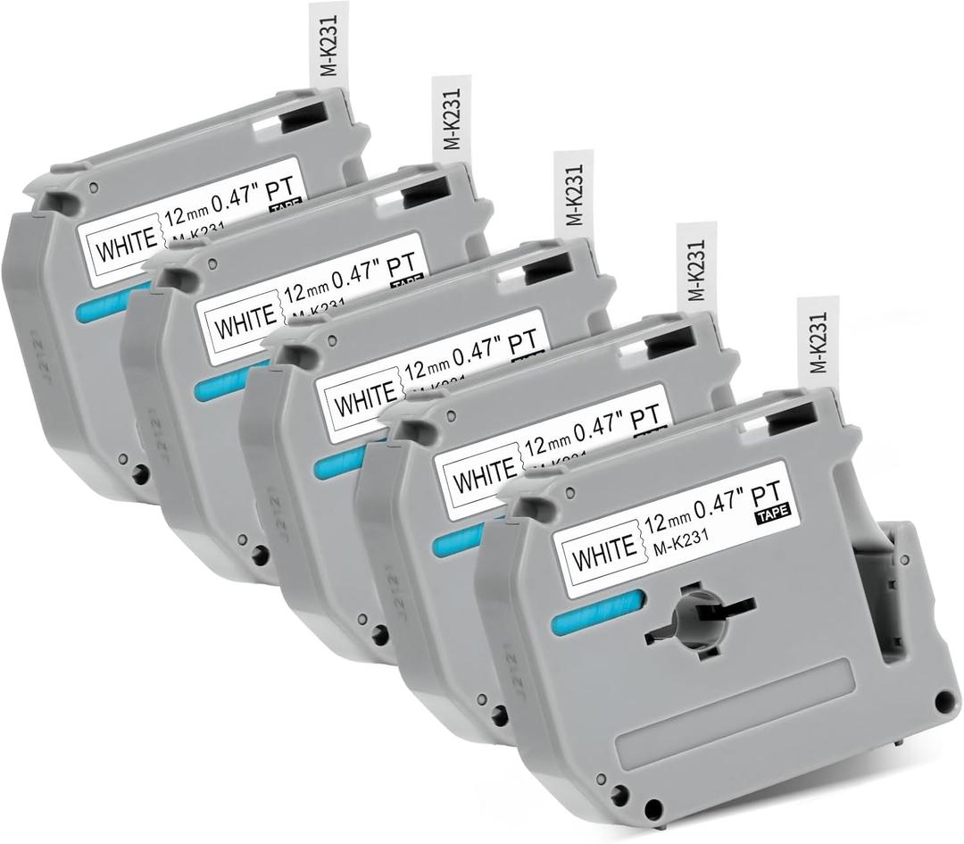 5 Pack RASSURT M-K231 Label Tape Replace for Brother M Tape MK-231 M-K231S Brother Label Tape 12mm 0.47 MK231 Label Tape White for Compatible with Brother PTouch PT-M95 PT-65 PT-45 PT-70BM PT-80