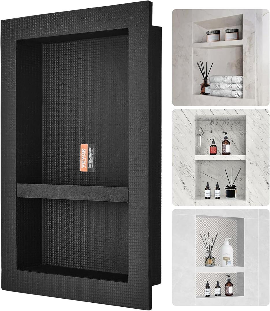 VEVOR Shower Niche Ready for Tile 16" x 24", Double Shelf Organizer, Square Corners Wall-inserted Niche Recessed, Sealed Protection Modern Soap Storage Niche for Shower Bathroom, Black