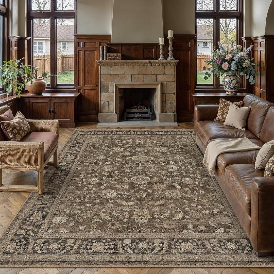 Brown Area Rug 9x12 Vintage Floral Distressed