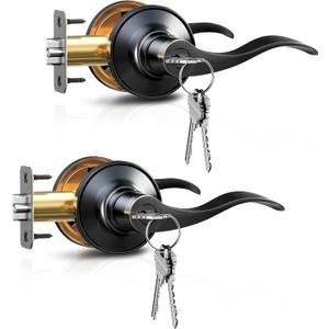 Veise 2 Pack Keyed Alike Entry Door Levers, Wave Style Handle with Lock and Keys, Lever for Exterior & Interior Bedroom Doors, Heavy-Duty Door Handle Reversible for Left/Right, Matte Black