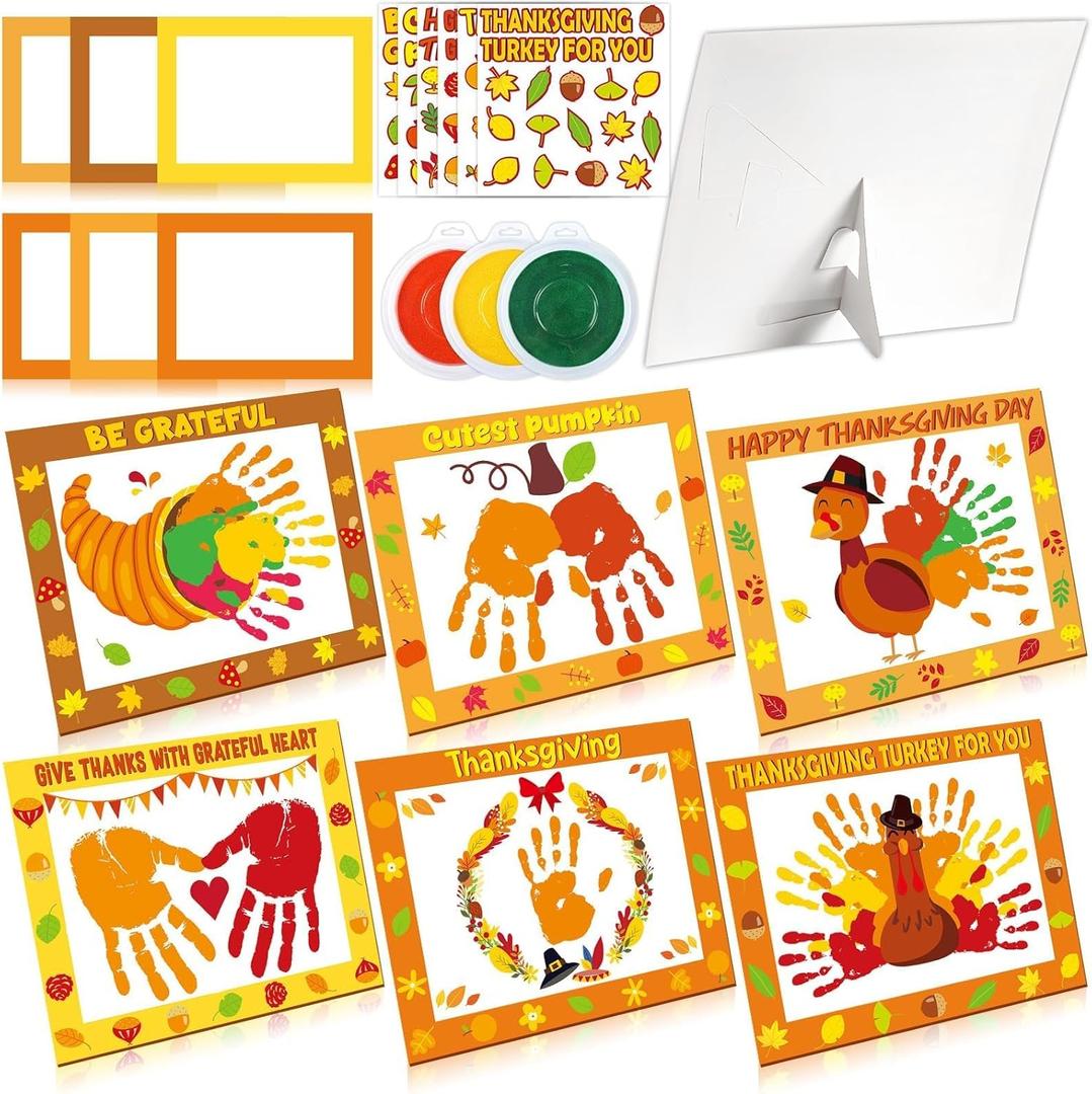 Lonfliness 24 Sets Thanksgiving Handprint Crafts Kits for DIY Thanksgiving Hand Keepsake Craft with 3 Large Ink Pads Fall Palm Painting with Frame Crafts for Home Art Activity Autumn Party Favors