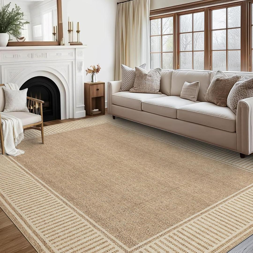 GarveeHome Area Rug 10x13 Modern Bordered Large Living Room Area Rug Washable Bedroom Throw Carpet with Rubber Backing Low Pile Stain Resistant Contemporary Rug for Dining Room Home Office, Khaki