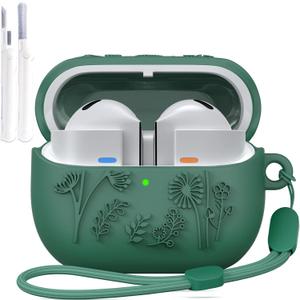 Compatible with Samsung Galaxy Buds 3 Case & Galaxy Buds 3 Pro Case, 3D Floral Embossed Soft Silicone Shockproof Protective Cover with Cleaner Kit/Lanyard for Men Women (Green)