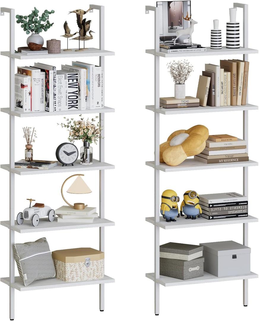 aboxoo Ladder Shelf 2 PCS White Bookshelf 5-Tier Wooden Open Shelf Wall-Mounted Wood Rack Industrial Modern Plant Flower Stand Utility Organizer Bookcase Metal Frame Furniture Office Kitchen Bedroom (White Wood)