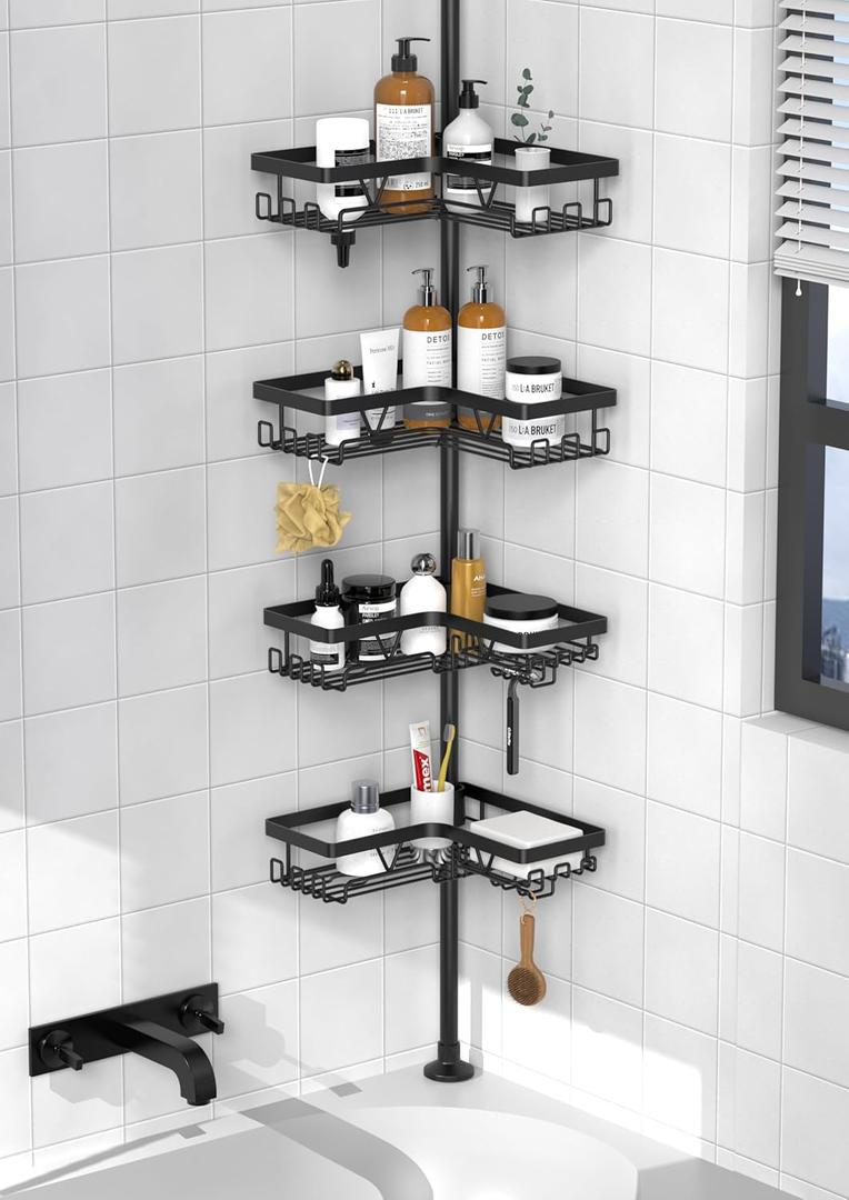 4-Tier Corner Shower Caddy with Hooks, Tension Pole Adjustable 25-114.2 Inch, Bathtub Organizer for Tub Corner - No Drilling, Black