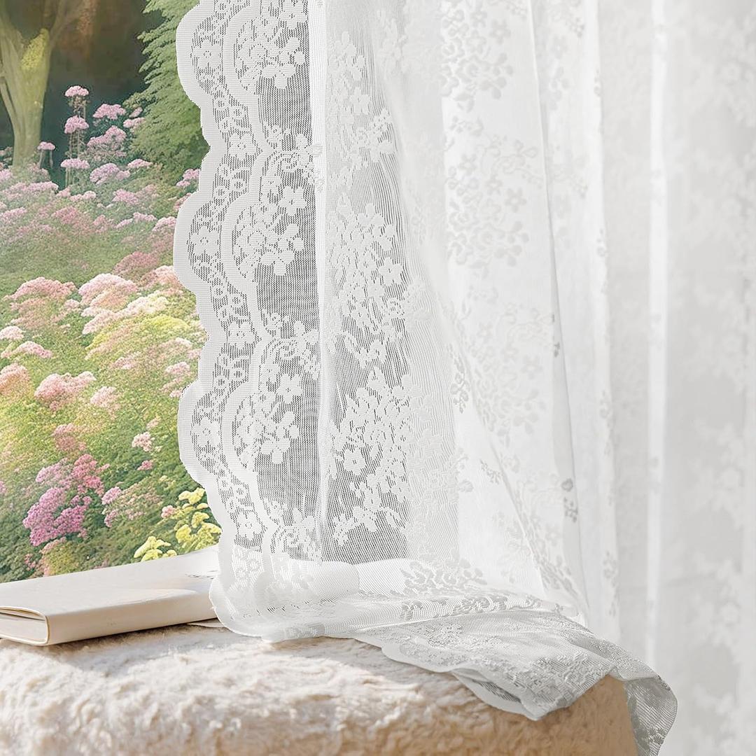 Anmao Vintage Lace Curtains 84 Inches Long 2 Panels Set, Romantic Elegant Light Filtering Semi Sheer Floral Thick Lacy Curtain Drapes for Living Room and Bedroom, Each Panel 55W x 84L, Bright White