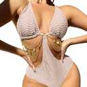 OYOANGLE Women's Chain Linked Cut Out Halter One Piece Swimsuit Tummy Control Bathing Suit, Pink, XS