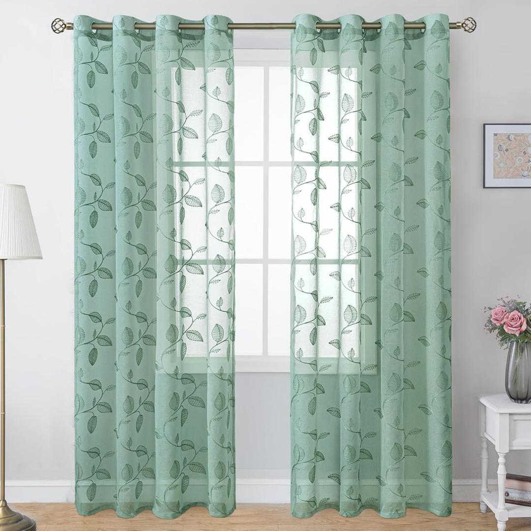 BGment Dark Green Sheer Curtains 84 Inches Long - Embroidered Leaf Pattern Light Filtering Cottage Core Botanical Semi Sheer Grommet Window Drapes for Farmhouse Living Room, 2 Panels, 52 x 84 Inch