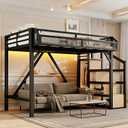 Bellemave Twin XL Loft Bed Frame with Storage Stairs, Beside Shelf & Wardrobe, Metal Loft Bed Twin XL with USB Ports & LED Light, Large Under-Bed Space Loft Beds for Adults, Teens, Kids, Black Natural