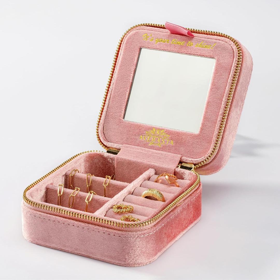 Luxury Plush Velvet Jewelry Box - Travel Jewelry Case Organizer - Gifts for Women, Mom, Wife, Girlfriend, Her  Blush Rose Pink